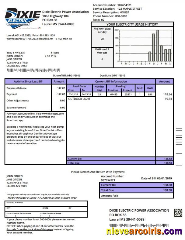 USA Mississipi Dixie Electric utility bill